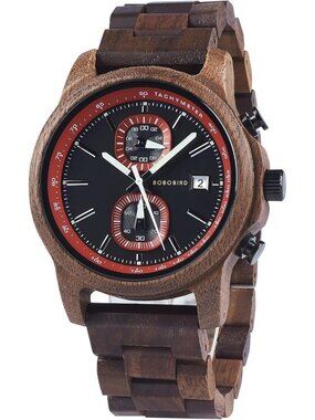 Men's Red Analog Quartz Ultra-Light Luminous Chronograph Casual Wooden Watch